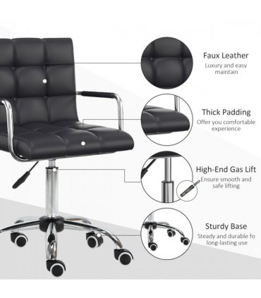 Desk Chair Mid Back PU Leather Swivel Arm Wheel Black 84-99cm Adjustable Height