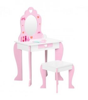 ZONEKIZ Kids Vanity Set w/ Mirror, Drawer, Cute Patterns, for Girls - Pink