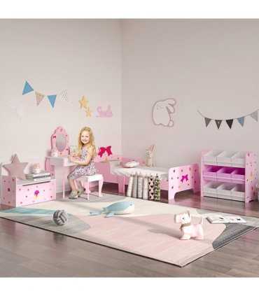 ZONEKIZ Kids Vanity Set w/ Mirror, Drawer, Cute Patterns, for Girls - Pink