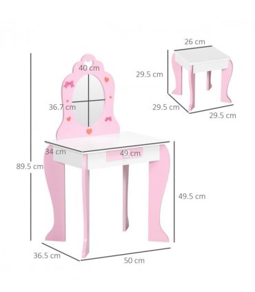 ZONEKIZ Kids Vanity Set w/ Mirror, Drawer, Cute Patterns, for Girls - Pink
