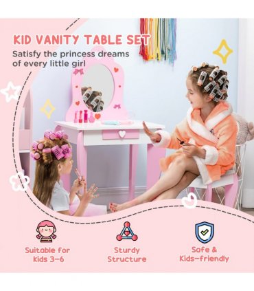 ZONEKIZ Kids Vanity Set w/ Mirror, Drawer, Cute Patterns, for Girls - Pink