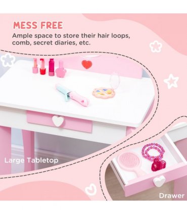 ZONEKIZ Kids Vanity Set w/ Mirror, Drawer, Cute Patterns, for Girls - Pink