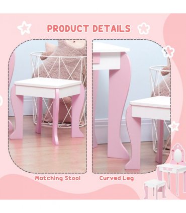 ZONEKIZ Kids Vanity Set w/ Mirror, Drawer, Cute Patterns, for Girls - Pink