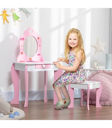 ZONEKIZ Kids Vanity Set w/ Mirror, Drawer, Cute Patterns, for Girls - Pink