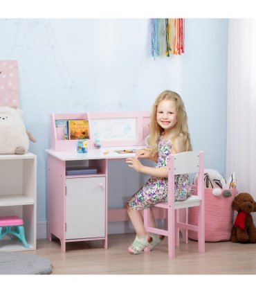 HOMCOM 2 PCs Childrens Table and Chair Set w/ Whiteboard Storage - Pink