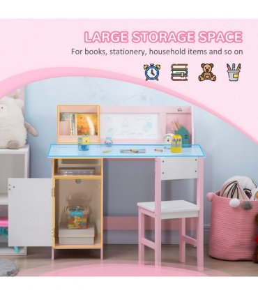 HOMCOM 2 PCs Childrens Table and Chair Set w/ Whiteboard Storage - Pink