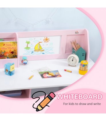 HOMCOM 2 PCs Childrens Table and Chair Set w/ Whiteboard Storage - Pink