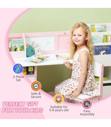 HOMCOM 2 PCs Childrens Table and Chair Set w/ Whiteboard Storage - Pink