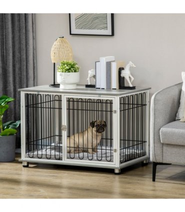 Dog Crate    Table Grey Steel Wires Particle Board  Lockable Door