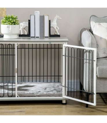 Dog Crate    Table Grey Steel Wires Particle Board  Lockable Door