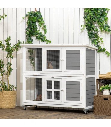 PawHut Wooden Rabbit Hutch, Small Animal House w/ Wheels, Removable Tray - Grey