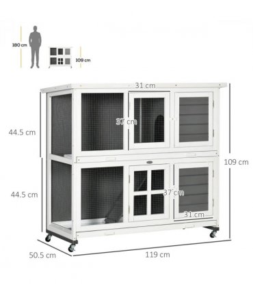 PawHut Wooden Rabbit Hutch, Small Animal House w/ Wheels, Removable Tray - Grey