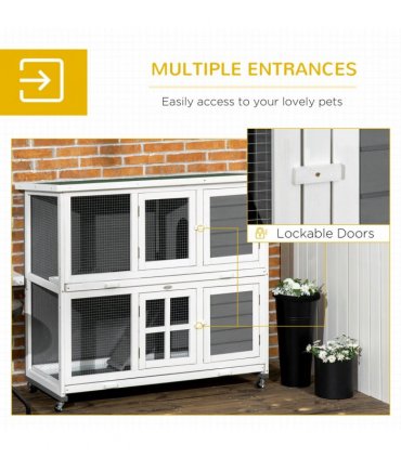 PawHut Wooden Rabbit Hutch, Small Animal House w/ Wheels, Removable Tray - Grey