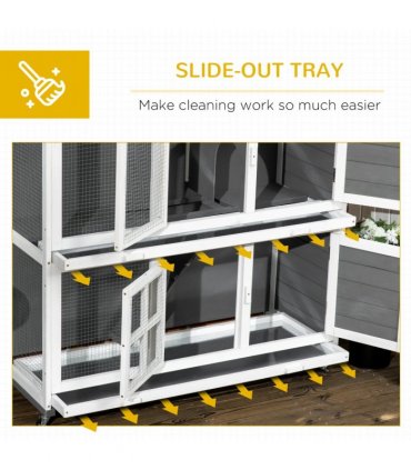 PawHut Wooden Rabbit Hutch, Small Animal House w/ Wheels, Removable Tray - Grey