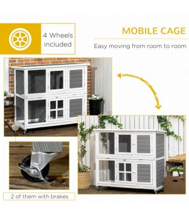 PawHut Wooden Rabbit Hutch, Small Animal House w/ Wheels, Removable Tray - Grey