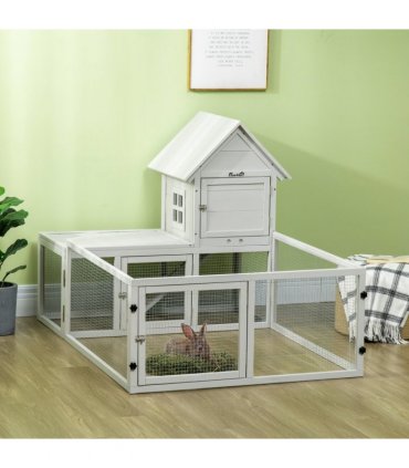 PawHut Rabbit Hutch Guinea Pig Cage w/ Slide-Out Tray, Fenced Area