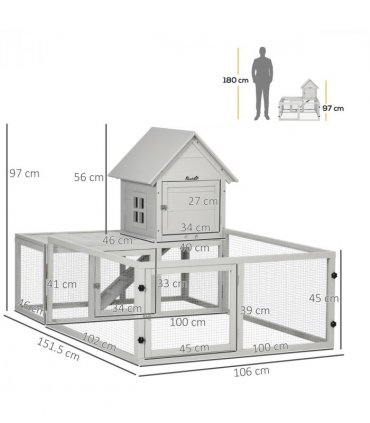 PawHut Rabbit Hutch Guinea Pig Cage w/ Slide-Out Tray, Fenced Area