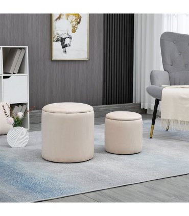 HOMCOM Modern Fabric Storage Ottoman with Removable Lid, Set of 2, Cream White