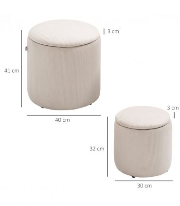 HOMCOM Modern Fabric Storage Ottoman with Removable Lid, Set of 2, Cream White