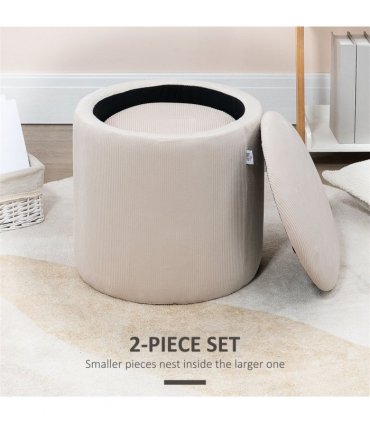 HOMCOM Modern Fabric Storage Ottoman with Removable Lid, Set of 2, Cream White