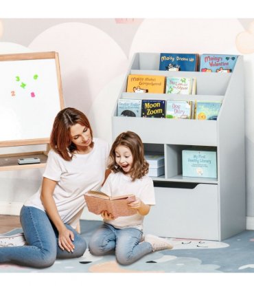 Kids Bookshelf, Toy Box w/ Storage Drawer, Wheels, for Bedroom - Grey