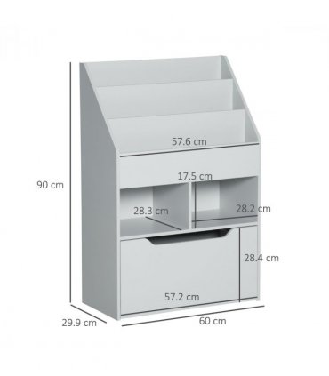 Kids Bookshelf, Toy Box w/ Storage Drawer, Wheels, for Bedroom - Grey