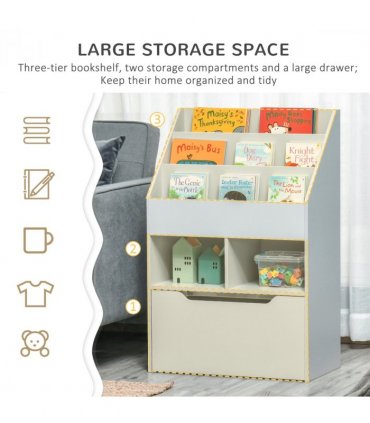 Kids Bookshelf, Toy Box w/ Storage Drawer, Wheels, for Bedroom - Grey