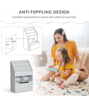 Kids Bookshelf, Toy Box w/ Storage Drawer, Wheels, for Bedroom - Grey