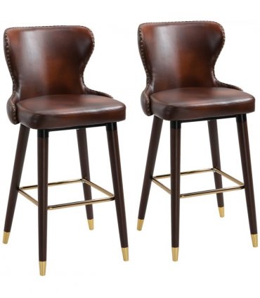 2 Pieces Home Luxury Bar Chair Stool, PU Leather European Style, Brown