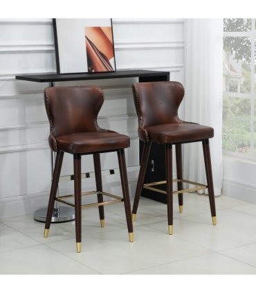 2 Pieces Home Luxury Bar Chair Stool, PU Leather European Style, Brown