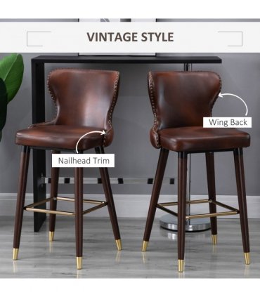 2 Pieces Home Luxury Bar Chair Stool, PU Leather European Style, Brown