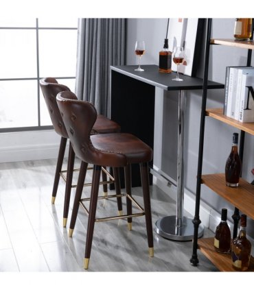 2 Pieces Home Luxury Bar Chair Stool, PU Leather European Style, Brown