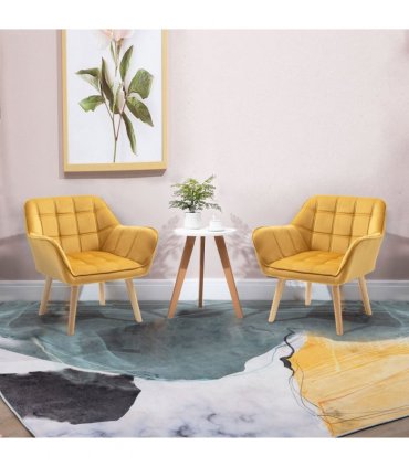 Luxe Velvet-Feel Accent Chair w/ Wide Arms Slanted Back Padding Wood Legs Yellow