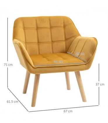 Luxe Velvet-Feel Accent Chair w/ Wide Arms Slanted Back Padding Wood Legs Yellow