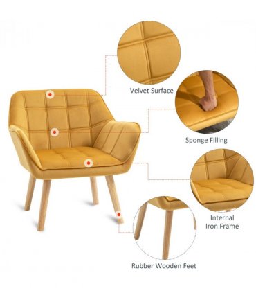 Luxe Velvet-Feel Accent Chair w/ Wide Arms Slanted Back Padding Wood Legs Yellow