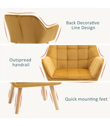 Luxe Velvet-Feel Accent Chair w/ Wide Arms Slanted Back Padding Wood Legs Yellow
