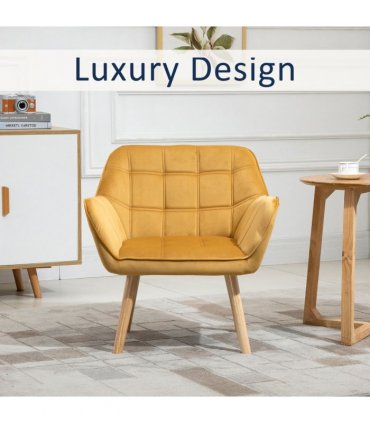 Luxe Velvet-Feel Accent Chair w/ Wide Arms Slanted Back Padding Wood Legs Yellow
