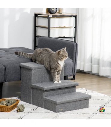PawHut 3 Step Dog Steps with Storage Boxes, Cat Stairs for Bed Sofa, Light Grey