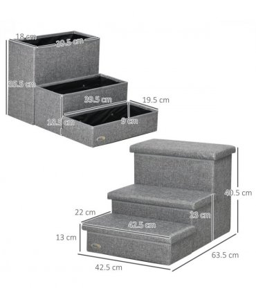 PawHut 3 Step Dog Steps with Storage Boxes, Cat Stairs for Bed Sofa, Light Grey