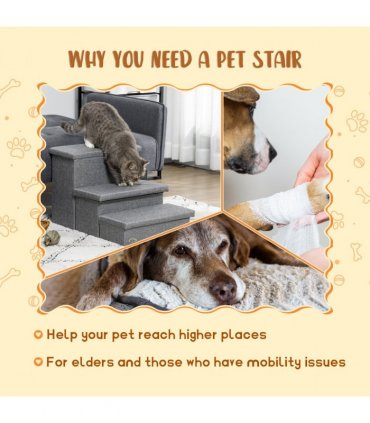 PawHut 3 Step Dog Steps with Storage Boxes, Cat Stairs for Bed Sofa, Light Grey