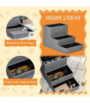 PawHut 3 Step Dog Steps with Storage Boxes, Cat Stairs for Bed Sofa, Light Grey
