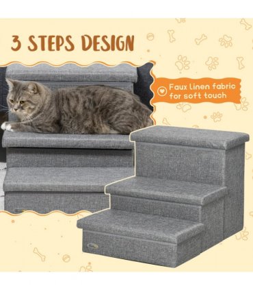 PawHut 3 Step Dog Steps with Storage Boxes, Cat Stairs for Bed Sofa, Light Grey