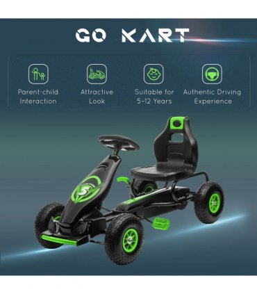 Pedal Go Kart Green Adjustable Seat Rubber Wheels Brake 61H x 121L x 58W cm