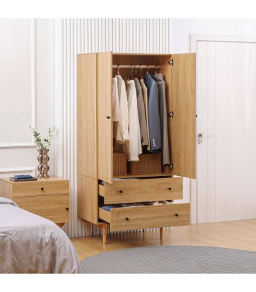 Modern Wardrobe with 2 Drawers, Hanging Rail, Clothes Organizer for Bedroom