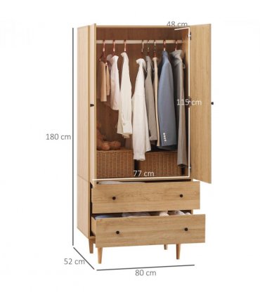 Modern Wardrobe with 2 Drawers, Hanging Rail, Clothes Organizer for Bedroom