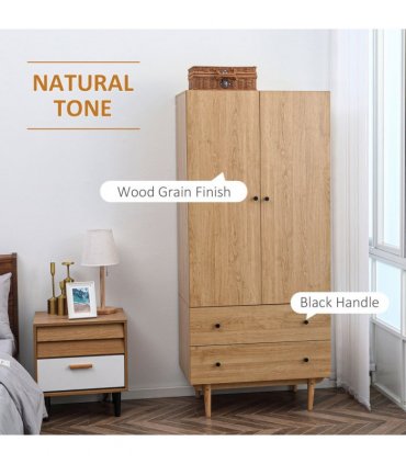 Modern Wardrobe with 2 Drawers, Hanging Rail, Clothes Organizer for Bedroom