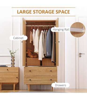 Modern Wardrobe with 2 Drawers, Hanging Rail, Clothes Organizer for Bedroom