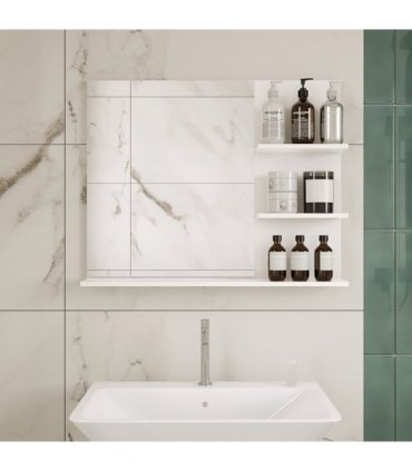 Modern Bathroom Wall Mounted Mirror with 3 Storage Open Shelves, White