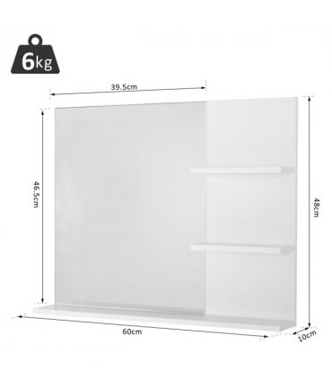 Modern Bathroom Wall Mounted Mirror with 3 Storage Open Shelves, White