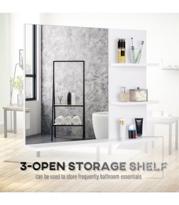Modern Bathroom Wall Mounted Mirror with 3 Storage Open Shelves, White